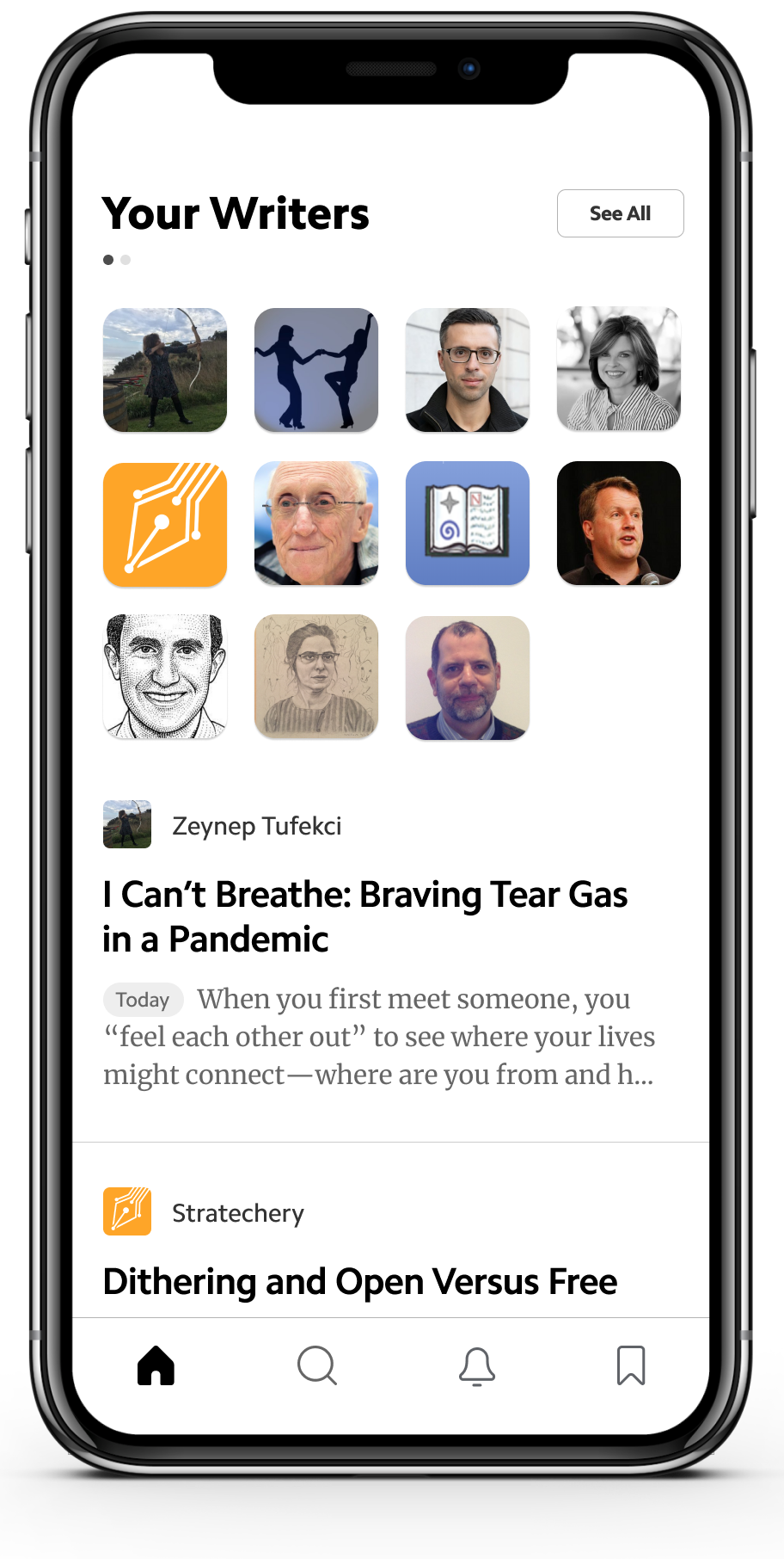 Matter’s ‘Your Writers’ screen groups followed authors above a reading feed, including articles by Zeynep Tufekci and Stratechery.