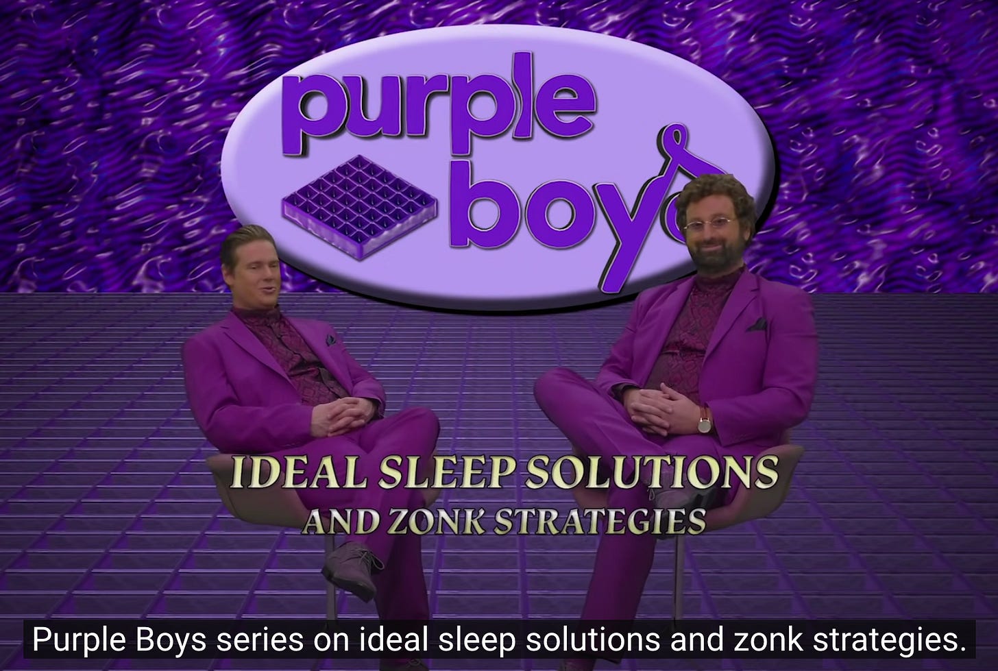 Purple Boys mattress advertisement: two presenters in purple suits under the caption āIdeal sleep solutions and zonk strategies.ā