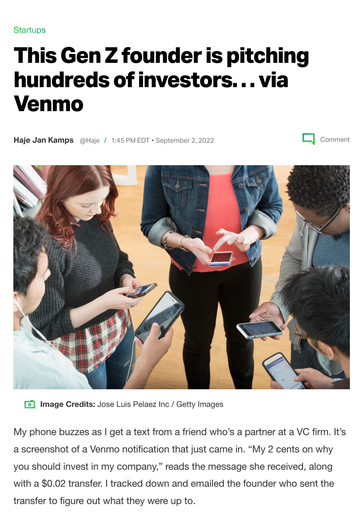 TechCrunch headline: āThis Gen Z founder is pitching hundreds of investors⦠via Venmo.ā The excerpt describes a two-cent transfer with the message āMy 2 cents on why you should invest in my company.ā