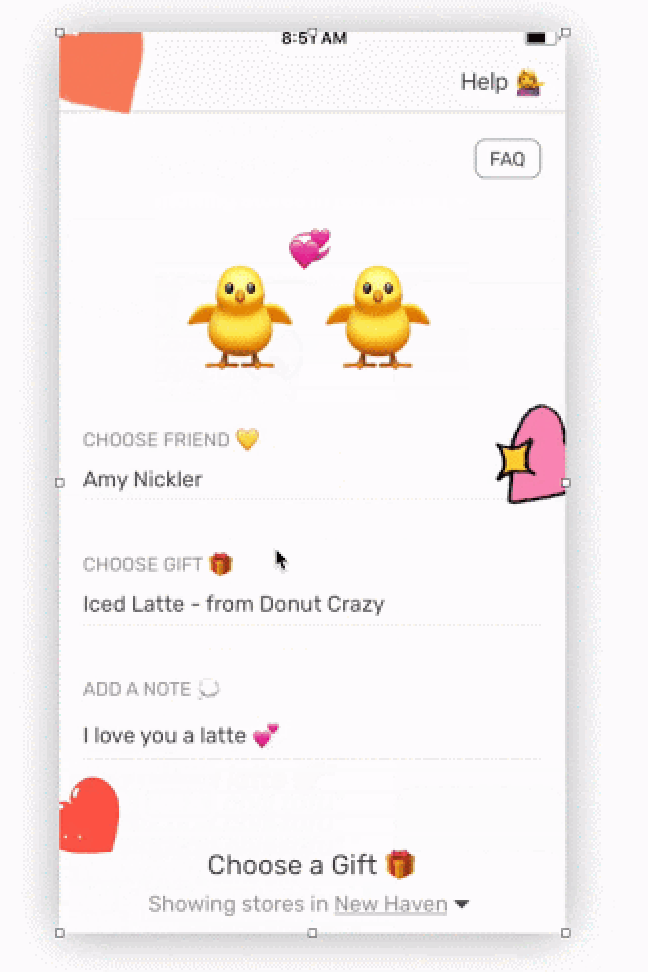 Snackpass gift flow: choose a friend, select an iced latte from Donut Crazy, and add the note āI love you a latte.ā