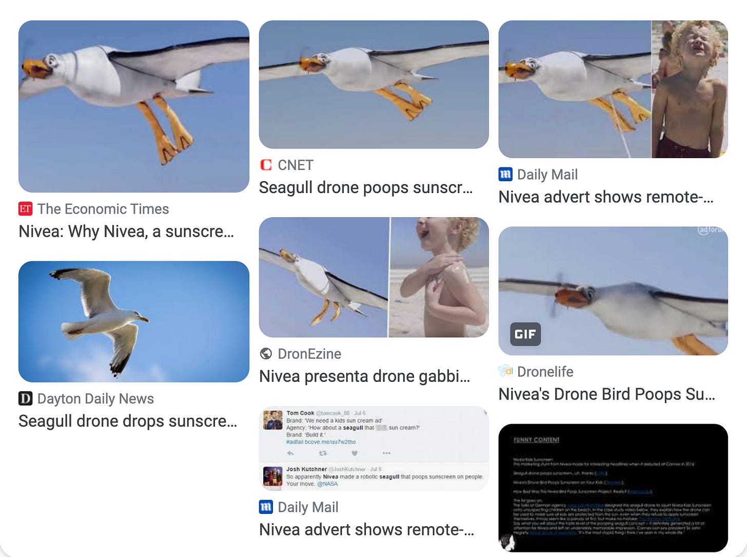 News and image-search results covering Niveaās seagull-shaped drone that sprays sunscreen, with screenshots from CNET, the Daily Mail and other outlets.